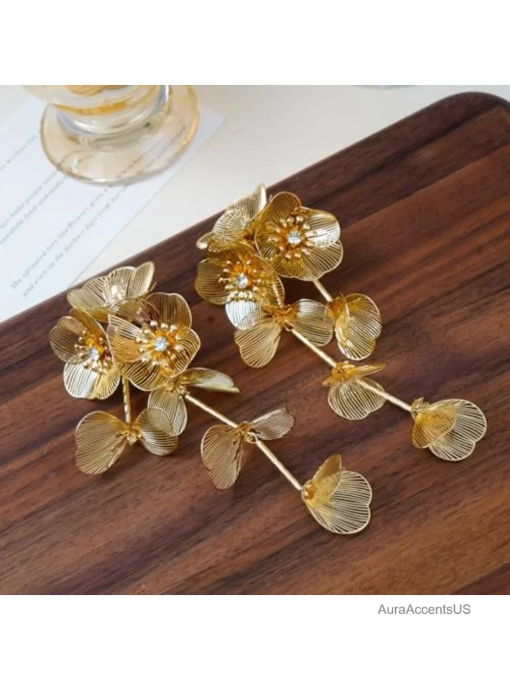 Large Gold Flower Statement Earrings Women Hollow Filigree Floral Dangle Long